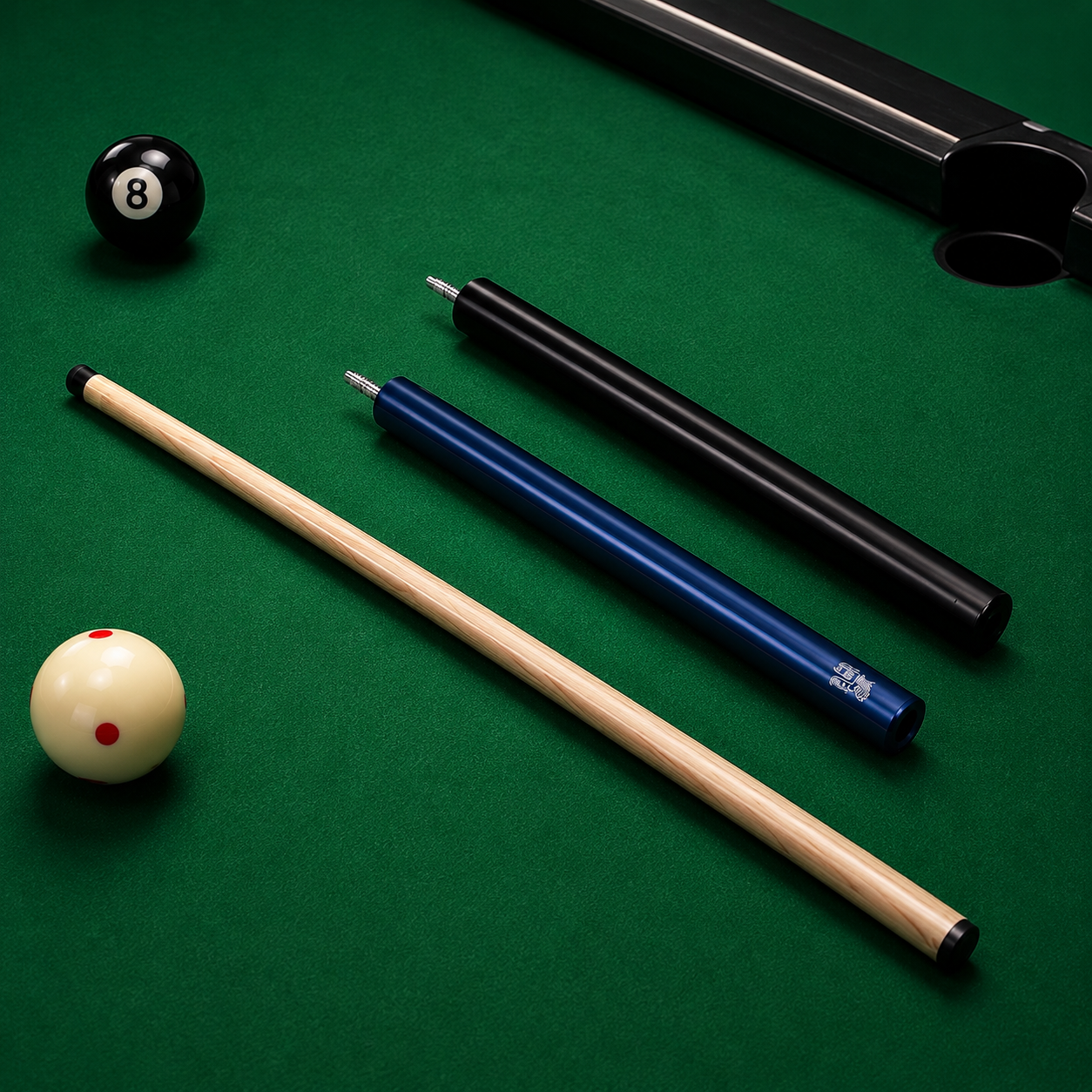 Professional 2-in-1 Jump Break Cue with 3-piece construction displayed on a pool table.