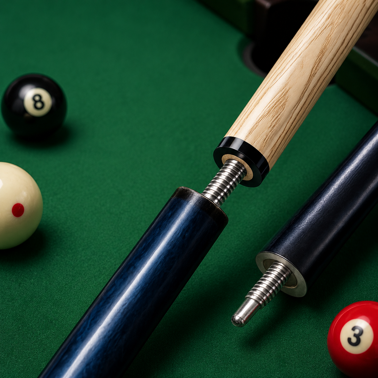 Close-up of the 3-piece construction and joint connection system of a professional jump break cue.