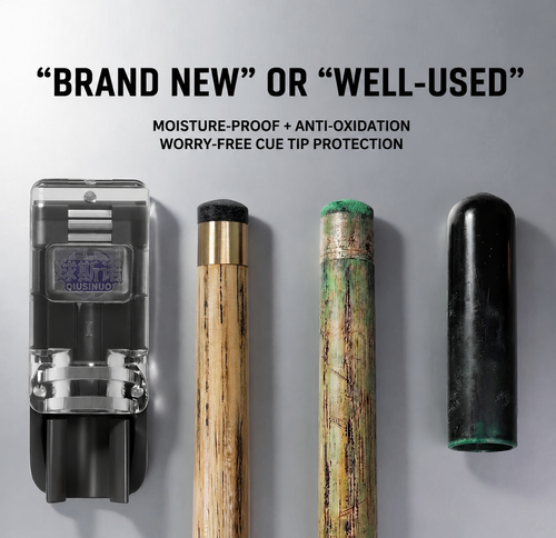Pool cue tip protection system showing brand new vs worn cue tips with moisture proof anti oxidation storage case
